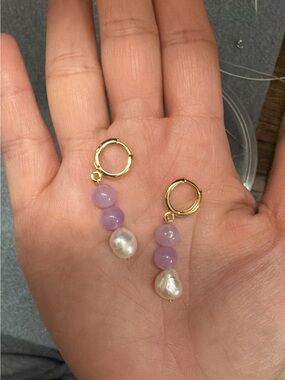 Gold-filled Huggies with genuine amethysts and Freshwater Pearl Drops